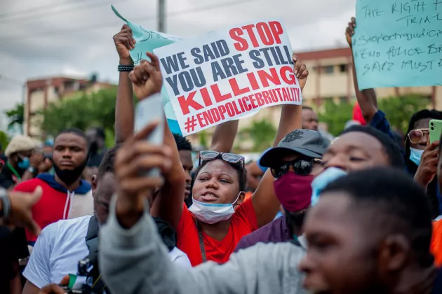 Protesters at the #EndSARS protest in Lagos, Nigeria.