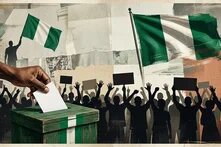 Thumbnail showing people with placard, ballot, and Nigeria flag.