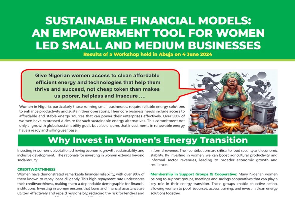 finance options for affordable renewable energy Cover of the flyer with heading "Sustainable Financial Models: An Empowerment Tool for Women led small and medium Businesses