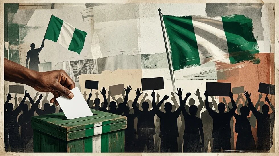 Thumbnail showing people with placard, ballot, and Nigeria flag.